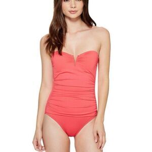Tommy Bahama Pink V-Wire Strapless Padded Ruched One Piece Swimsuit NWT Size 4